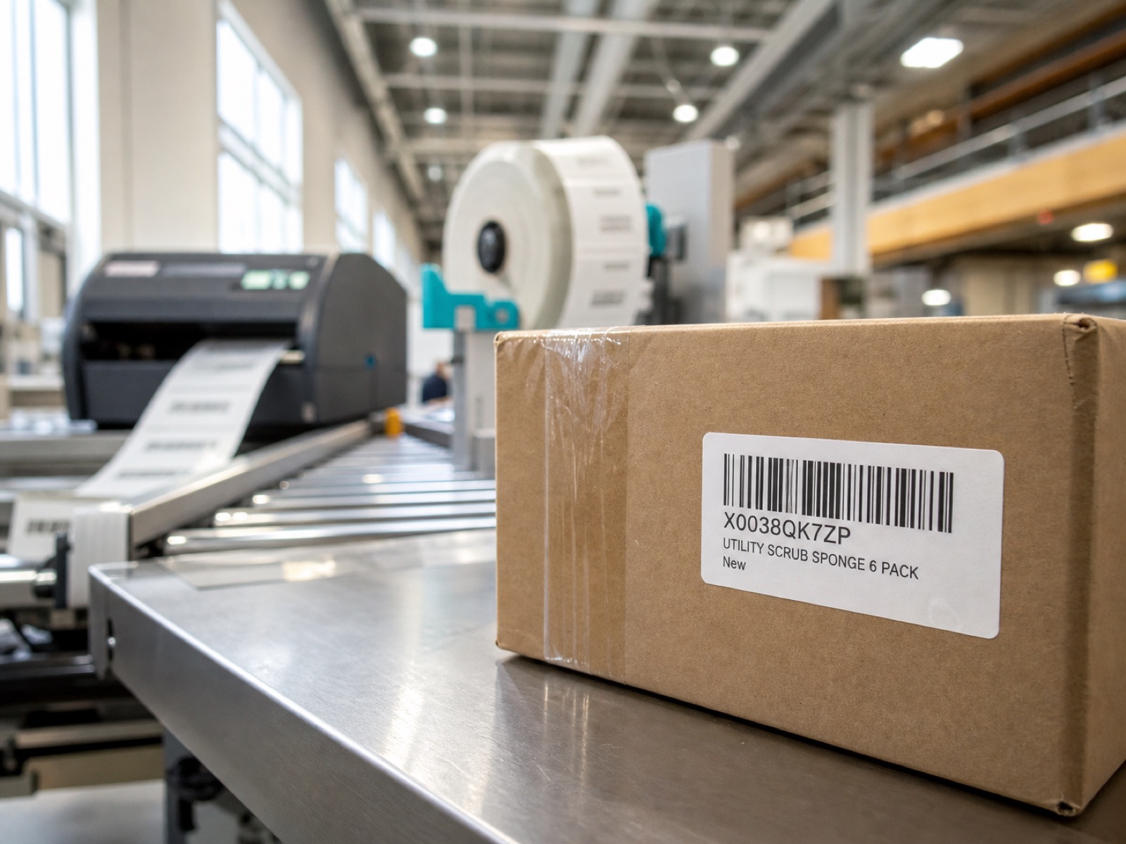 A printed barcode label applied to the corrugated flute of a shipping case