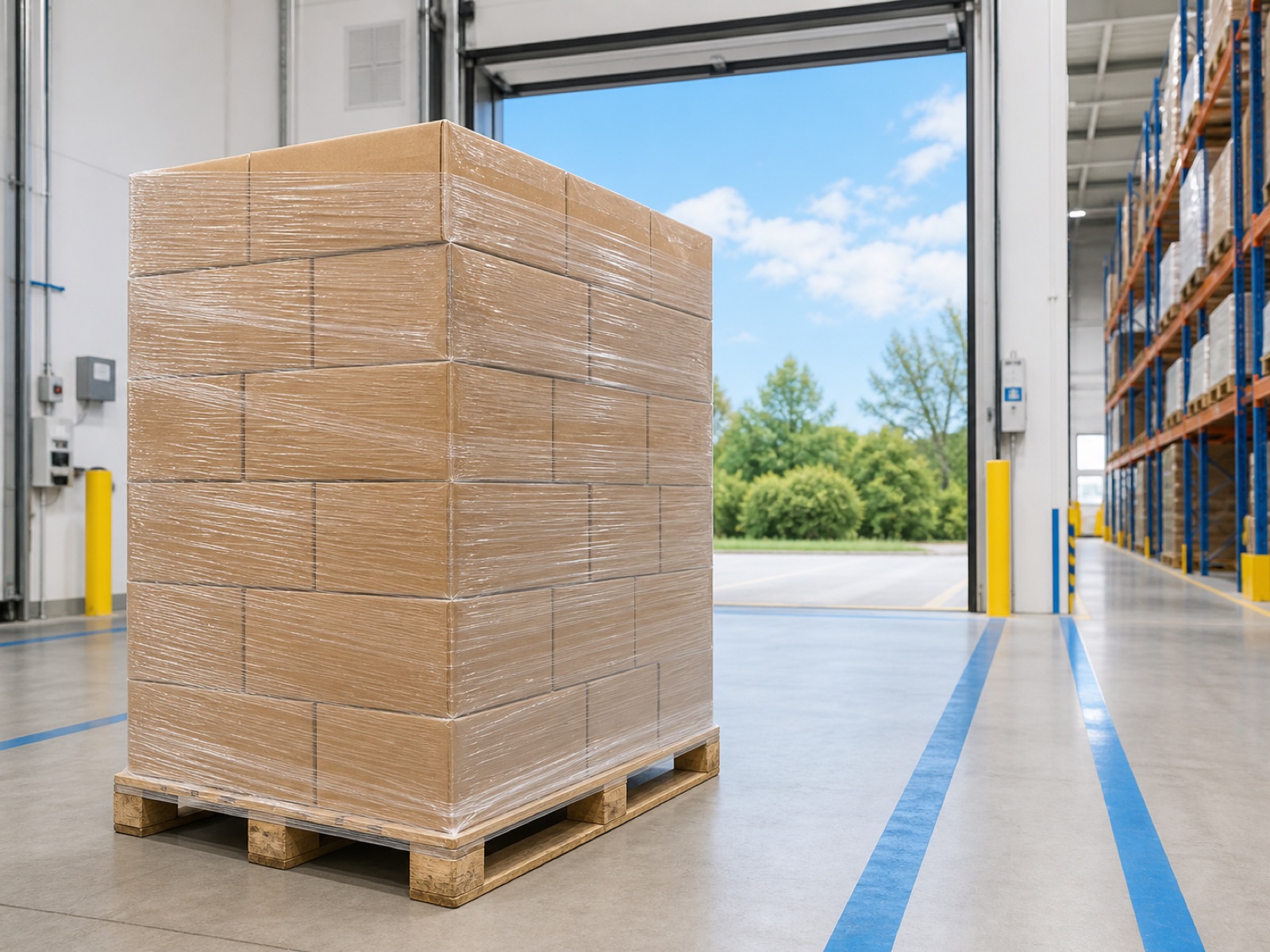 Stretch film wrapped taut across a loaded pallet